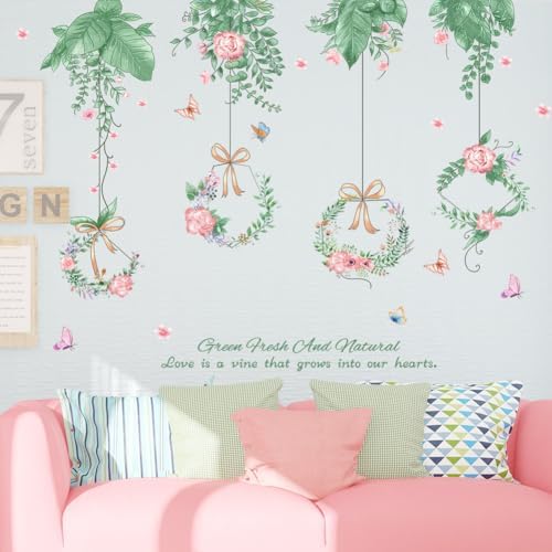 Hanging Green Vine Wall Decals,Succulent Plants Wisteria Floral Flowers Butterflies Birds Wall Stickers, Self-Adhesive Vinyl Removable Living Room Sofa TV Wall Decor - Image 5