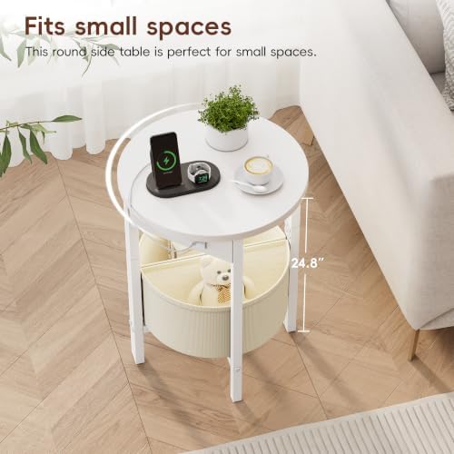 Vagusicc Round Side Table with Charging Station, Round End Table with Fabric Basket, Accent Table Coffee Table, Set of 2 Half Moon Tables, Bedside Table, Modern LED Nightstand for Living Room, White - Image 4