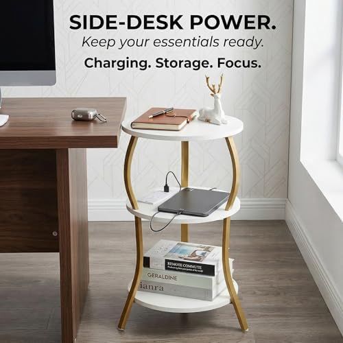 Small Round Side Table with Charging Station, 3-Tier Waist Circular End Table with Storage Shelf, Compact Tea Sofa Side Table Small Spaces, Round Corner Coffee Table for Living Room Bedroon,White+Gold - Image 4