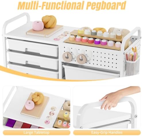 14 Drawer Rolling Storage Cart with Tabletop and Pegboard for Crafts White - Image 4