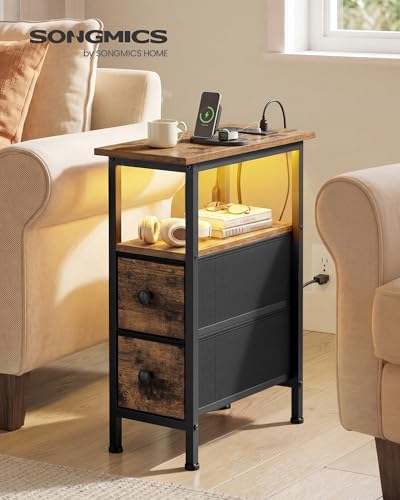 SONGMICS Side Table with LED Light, Narrow End Table with 2 Fabric Drawers - Image 3