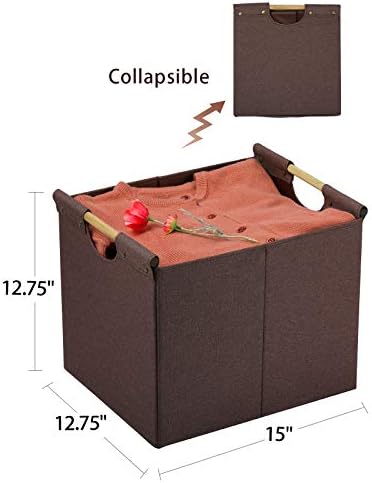 HOONEX Large Collapsible Storage Bins, Linen Fabric, 2 Pack, Storage Baskets with Wooden Carry Handles and Sturdy Heavy Cardboard, for Home, Office, Car, Nursery, Brown - Image 3