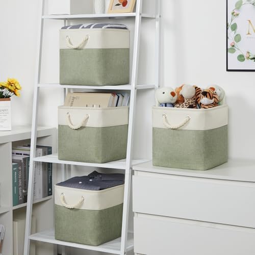 Temary Cube for Shelves 11 Inch Bin 4Pack Fabric Storage Baskets for Organizing Toys, Clothes, Decorative Baskets with Rope Handles (White&Green) - Image 2