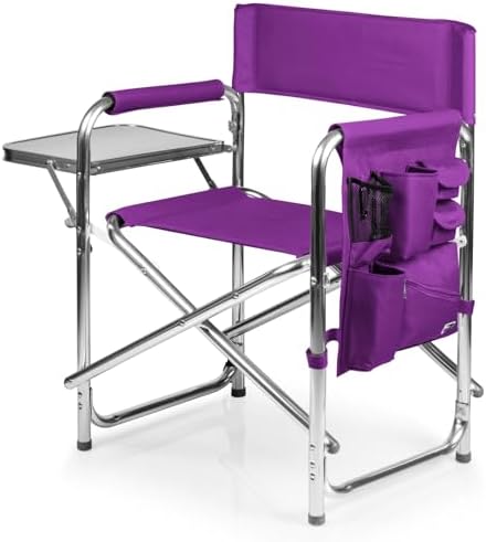 PICNIC TIME Sports Chair with Side Table and Armrest Caddy, Lightweight Aluminum Folding Outdoor Camping Chair for Adults, Portable Director Style Lawn Seating with Pockets & Carry Strap, (Purple) by PicnicTimeFamilyofBrands