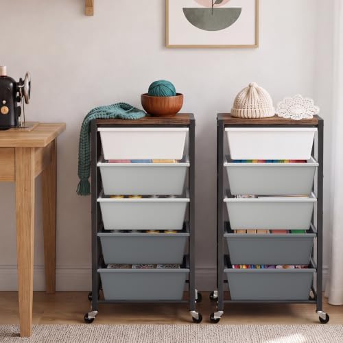 Rolling Cart with 5 Drawers, Plastic Drawer Storage Carts with Wheels & Wooden Tabletop, Metal Utility Cart for Office Bedroom Living Room Classroom, Craft Organization and Storage, Grey - Image 2