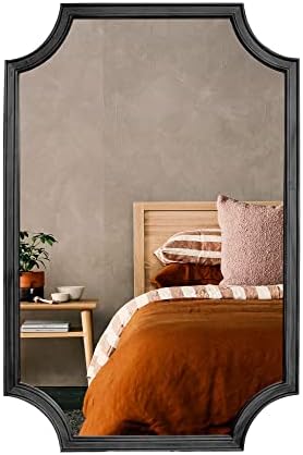 WallBeyond 24" x 36" Full Scalloped Corners Arch Rectangle Wall Mirror with Wood Frame for Entryway, Living Room or Bedroom Home Decor - Light Woodgrain [24" x 36" Black] by WallBeyond