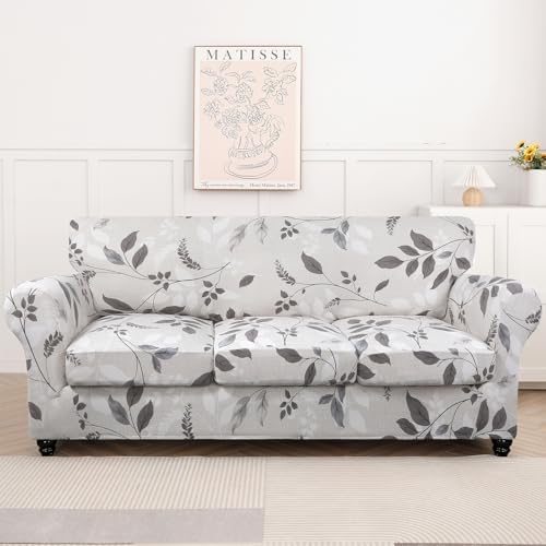 SearchI Stretch Sofa Cover Printed Couch Cover, Floral Pattern 4 Pieces Sofa Slipcover with 3 Separate Cushion Cover, Washable Furniture Protector for Living Room(Sofa, Elegant Foliage) - Image 2