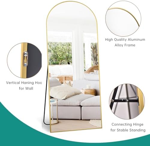 Full Length Mirror, 71''x30'' Floor Mirror with Stand, Arched Wall Mounted Mirror, Large Full Body Mirror with Aluminum Frame Hanging or Leaning for Bedroom, Living Room, Cloakroom (Gold) - Image 4
