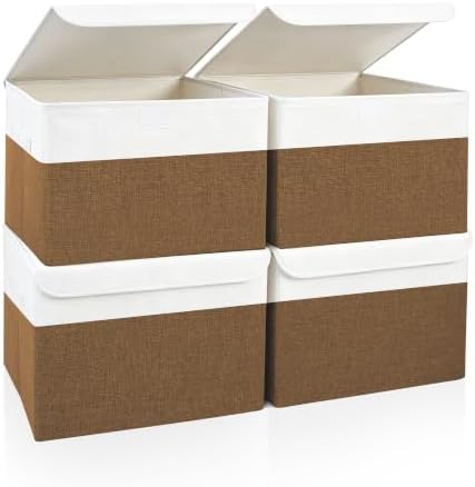 Bagnizer Large 22 Quart Linen Fabric Foldable Storage Bin Cube Organizer Basket with Flip-Top Lid & Handles, Clothes Blanket Box for Home, Office, Closet, Brown & White, 4 Pack 14.6 x 9.5 x 9.5 by Bagnizer