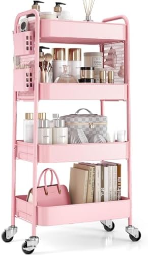 TOOLF 4 Tier Rolling Cart, Metal Utility Storage Cart with Pegboard, Pink | 2 Bins & 4 Hooks, Screwless Assembly, Lockable Wheels, Trolley Organizer for Bathroom, Kitchen, Office, Dorm, Craft Room by TOOLF