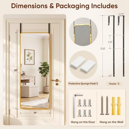 Suidia Full Length Mirror Over the Door&Wall Mounted, 58"x19" Door Mirror with Aluminum Alloy Frame, HD Shatterproof, No-Drill, Hanging Mirrors for Bedroom, Bathroom, Dorm, Closet, Rounded Rect, Gold - Image 5