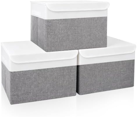 Bagnizer Large 17" 42 Quarts Collapsible Stackable Storage Bins with Lids [3-Pack] Foldable Fabric Linen Storage Boxes Cube, Closet Organizer Baskets with Label (16.7 x 12 x 12, Gray & White) by Bagnizer