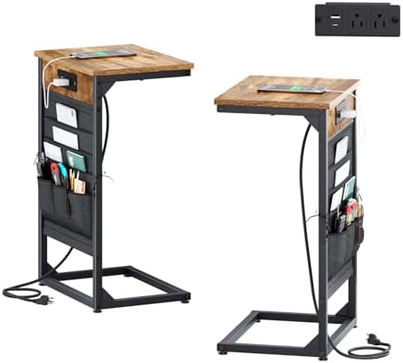 C-Shaped End Tables Set of 2, Small Couch Side Table with Fast-Charging Station, Sofa TV Tray Table with Storage Bag for Living Room, Bedroom, Bedside ET-BR-W2 by Unknown