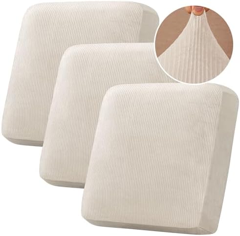 H.VERSAILTEX Velvet Stretch Couch Cushion Cover Plush Cushion Slipcover for Chair Loveseat Sofa Cushion Furniture Protector Seat Cushion Sofa Cover (3 Piece XL Sofa Cushion Covers, Ivory Striped) by HVERSAILTEX