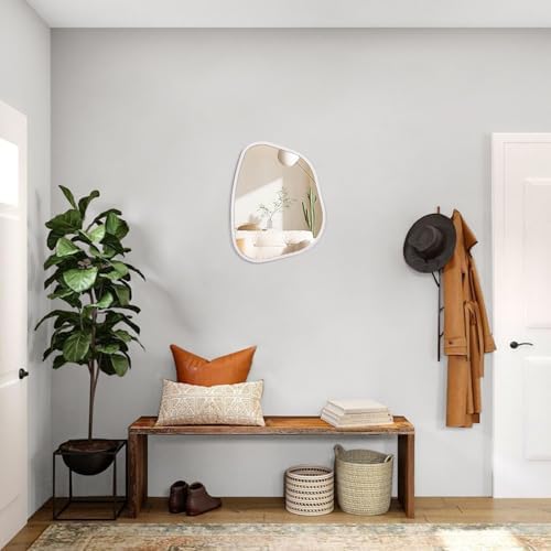 White Irregular Bathroom Mirror Modern Oval Wall Mirror Asymmetrical Wooden Framed Wall Mirror Unique Shape Wall Mounted Vanity Artistic Mirror Decor for Living Room Bedroom Entryway Small 14"x10" - Image 5