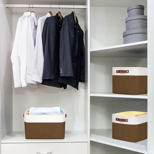 Bagnizer Storage Bins Large Fabric Storage Baskets for Shelves 3 Pack, Decorative Linen Closet Baskets with Handles for Organizing, Shelf, Clothes, Home, Office, 15x11x9.5Inches (Brown&White) - Image 2
