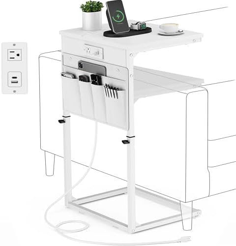 Vagusicc C Shaped End Table with Charging Station, Adjustable Height Side Table for Couch, Sofa Table Laptop Couch Side Tables, Slide Under Sofa TV Tray Arm C Tables for Living Room Bedroom, White by Vagusicc