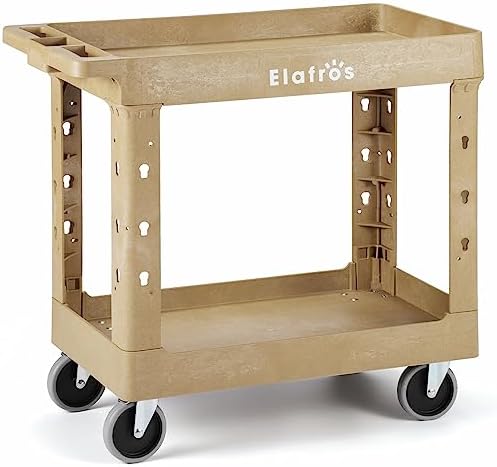 ELAFROS 2-Tier Heavy Duty Utility Rolling Cart, 34 x 17 in, 5" Wheels, Sand by ELAFROS