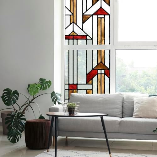 Original Hand Drawn Stained Glass Window Film Amber Geometry Patterns Inspired by Hollyhock House for Glass Window and Door, See Through 22.83"X114.17" by ChicSkin