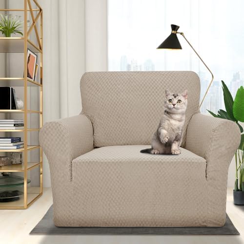 ZNSAYOTX 1 Piece Jacquard Chair Slipcovers for Living Room High Stretch Chair Covers with Arms Anti Slip Pets Friendly Couch Sofa Armchair Cover Furniture Protector (Chair, Khaki) - Image 2