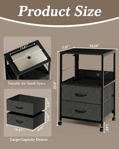 Faesun Swivel Lift Top Nightstand with Charging Station, Rolling Side Table for Recliner, Bedside Table with Wheels & 2 Fabric Drawers, for Small Spaces, for Bedroom, Living Room, Black Gray - Image 2