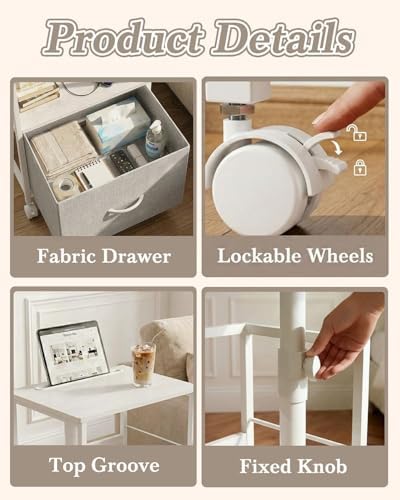Faesun Swivel Lift Top Nightstand with Charging Station, Rolling Side Table for Recliner, Bedside Table with Wheels & a Fabric Drawer, for Small Spaces, for Bedroom, Living Room, White Gray - Image 5