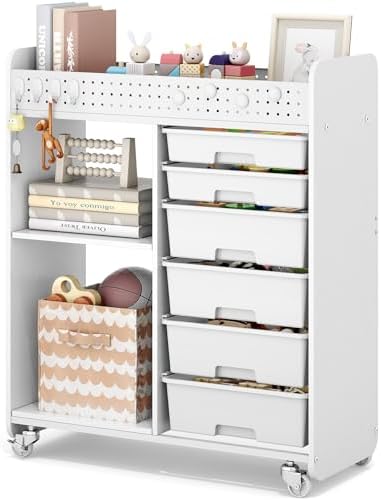 Rolling Craft Cart with 6 Drawers, Pegboard and Locking Wheels White by APEXCHASER