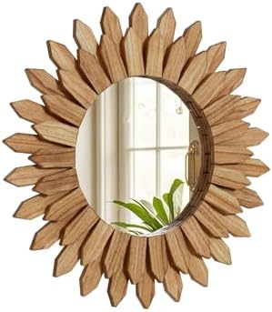20" Round Sunburst Wooden Mirror Boho Rustic Wall Decor by Unknown