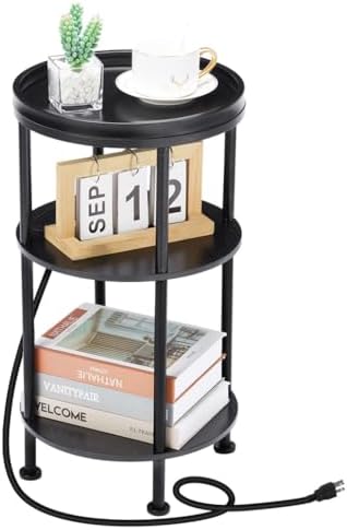Small Round Side Table with Charging Station, Black by Zexvida