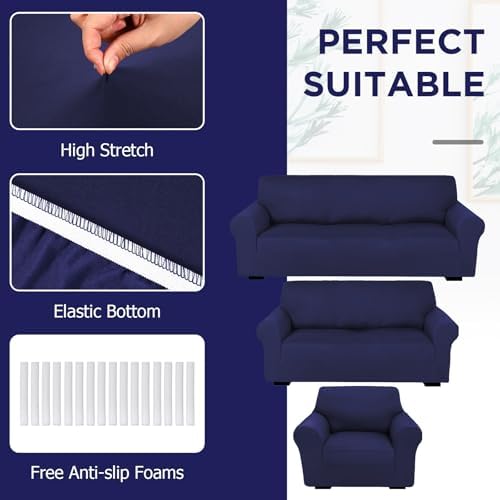 Peryiter 3 Pcs Couch and Loveseat Sofa Covers,Navy Blue,Milk Silk - Image 4
