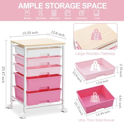 SYKIARIOL Utility Cart with Drawers,5 Drawers Storage Cart,Rose Pink - Image 3