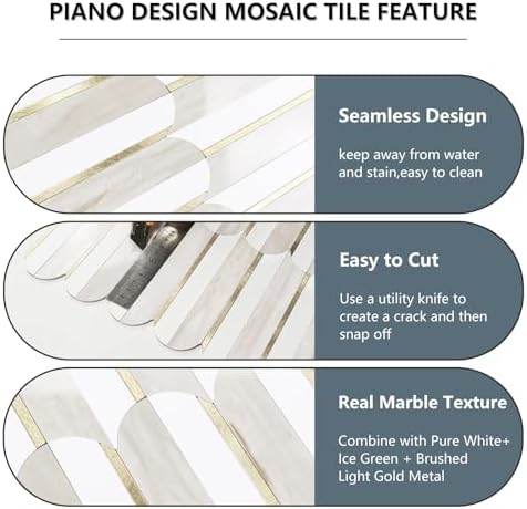Vamos Tile Peel and Stick Backsplash Seamless Tile for Kitchen and Bathroom,1-Sheet White and Glossy Wooden Marble PVC Mixed Light Gold Self Adhesive Fish Scale Metal Mosaic Tiles - Image 6