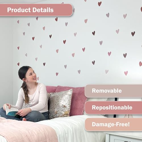 Boho Hearts Wall Decals - Set of 62 Pink, Beige, Brown & Mauve Heart Stickers for Bedroom, Nursery & Living Room - Peel & Stick Removable Vinyl Wall Decor - Image 4