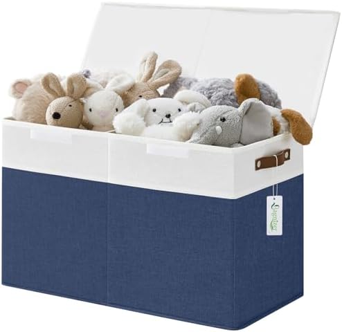 Bagnizer Large Toy Storage Box with Lids, Collapsible Sturdy Baby Storage Organizer Chest Bin Basket for Kids, Boys, Girls, Playroom, Nursery, Bedroom, Closet 25"x13"x16" (Navy Blue and White) by Bagnizer