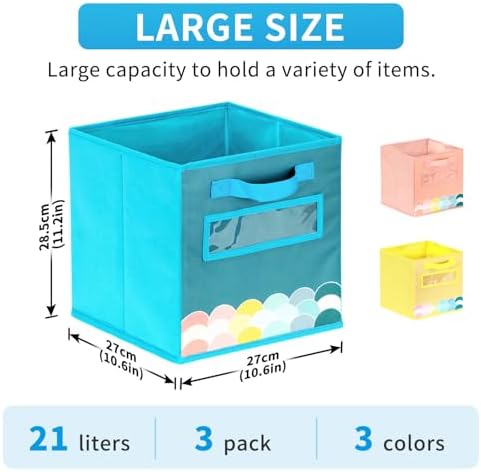 Cube Storage Bins, 3 Pack 11 Inch Fabric Storage Bins with Handle and Label Window, Foldable Storage Cubes, Colorful Fabric Bins for Kids Room, Classroom Organization and Storage, Clothes, Toys - Image 2