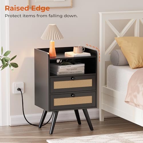 SUPERJARE Night Stand with Charger Station, Boho Rattan Nightstand Set of 2 - Image 4