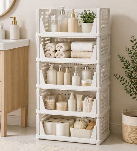 5 Pack Stackable Closet Storage Basket - Stackable Storage Bins, Multifunctional & Foldable Closet Organizer Waterproof, bathroom cabinet organizer,rv closet shelves, white stackable storage bins - Image 7