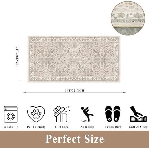 3x6 Kitchen Runner Rug Non Slip Washable - Soft Low Pile Stain-Resistant Wide Carpet Runner for Hallway Entryway Bedroom Bathroom with Rubber Backing - Boho Floral Door Mat(Beige,3x6) - Image 2