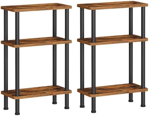 HOOBRO Narrow Side Table Set of 2, 3-Tier Slim End Table No Tools Needed, Twist-On Assembly, Skinny Nightstand Sofa Storage Shelf for Living Room, Bedroom, Study, Rustic Brown and Black BF246BZP201 by HOOBRO