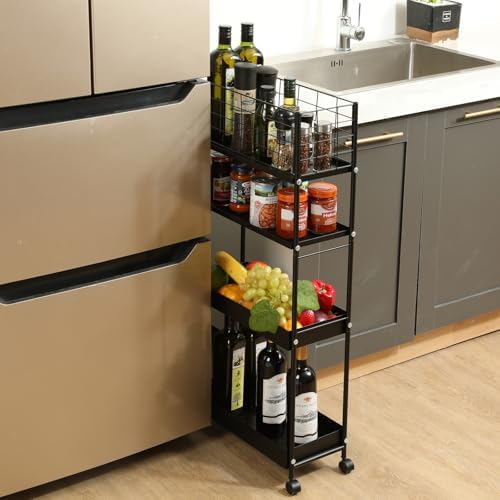 KINGRACK 4 Tier Slim Rolling Cart, Metal Utility Storage Cart with Wheels | 5.7" Raised Edge, Narrow Space Trolley Organizer for Bathroom, Kitchen, Office, Dorm, Laundry, Living Room, Black - Image 2