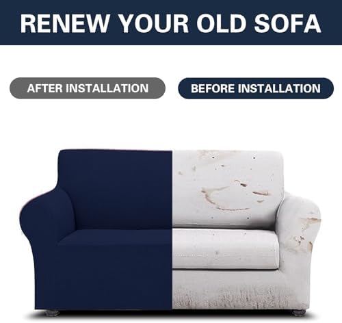 Cupuamon 2026 New Stretch Loveseat Sofa Slipcovers Couch Cover for 2 Cushion Furniture Protector Sofa Covers with Elastic Bottom Jacquard Fabric Small Checks for Pets, Kids - Navy - Image 5