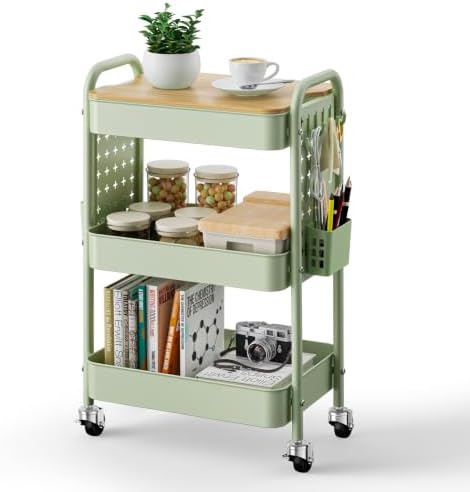 3 Tier Rolling Cart with Table top, Metal Utility Cart with DIY Pegboard by Aratan