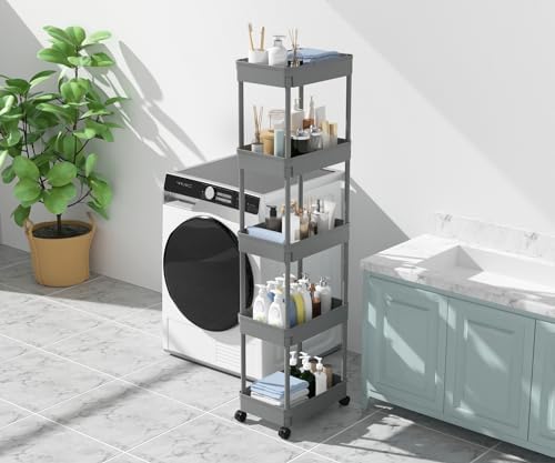 Sooyee 5-Tier Plastic Rolling Utility Cart with Wheels, Grey - Image 4