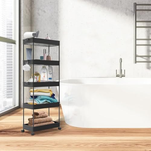 SPACEKEEPER 5 Tier Storage Rolling Cart, Bathroom Cart with Wheels, Black - Image 6