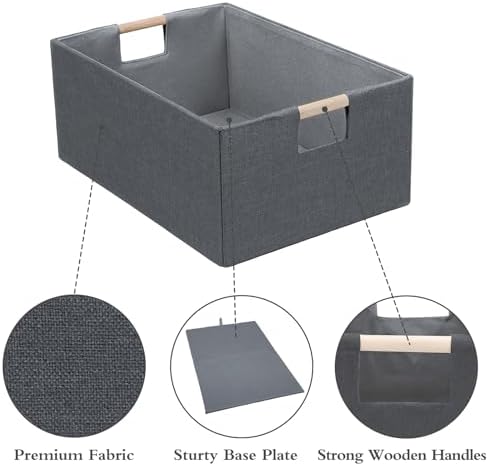Foldable Fabric Storage Cubes, 2 Packs Cloth Storage Baskets with Wooden Handles, Collapsible Shelf Closet Organizer Bins, Rectangular Storage Boxes for Decor (Gray 2 Pack) - Image 4