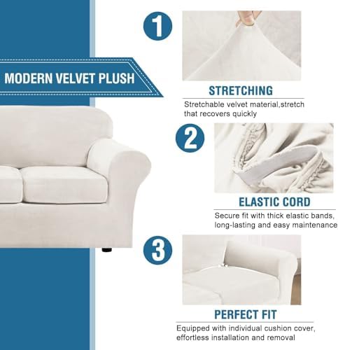 H.VERSAILTEX Modern Velvet Plush 4 Piece High Stretch Sofa Slipcover Sofa Cover Furniture Protector Form Fit Thick Velvet Sofa Cover for 3 Cushion Couch Width Up to 90 Inch (Sofa, Porcelain White) - Image 3