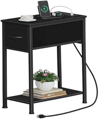 Vagusicc End Table with Charging Station, Narrow Side Table Nightstand with Fabric Drawer, Slim Nightstand for Bedroom, Small Bedside Table, Slim Sofa Side Table for Small Spaces, Black by Vagusicc