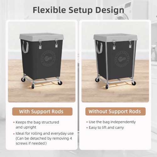 STORAGE MANIAC Commercial Laundry Hamper with Heavy Duty Steel Frame, 160 L Industrial Laundry Basket Cart with Wheels for Hotel, Home, Laundry Room, 17.72''L x 17.72''W x 30.91''H, Medium Black - Image 5