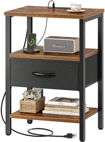 SUPERJARE Nightstand with Charging Station, Bed Side Table with Adjustable Fabric Drawer, Night Stand for Bedroom, 3-Tier Storage End Table, for Living Room, Rustic Brown and Black by SUPERJARE