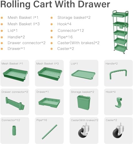Sorgion 5 Tier Rolling Cart Organizer,Bathroom Cart Organizers with Wheels Laundry Room Organization Mobile Shelving Unit Utility Cart Storage Shelves Multi-Functional for Office, Home(Green) - Image 7